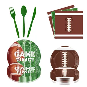 Jogo de utensílios de mesa para festas e jogos, copo de papel feliz, prato de papel, faca, garfo e colher, novo Super Bowl Stadium