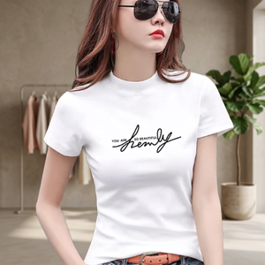 Women's White Short Sleeve <b>T</b>-<b>Shirt</b> Crew Neck Slim Fit Cotton Jersey Printed Letter Logo Casual Spring Summer Top - Product Image 4
