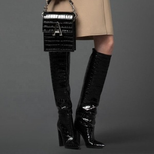 2021 New Model Dress Heel Boots Stone Print <b>Pointed</b> Toe Gold on Calf Boots for Lady Knee High Fashion Shoes Women - Product Image 4