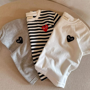 Children's Striped Short Sleeve T-Shirt Cotton Jersey Heart Patch Summer Style Gray Beige Pattern Boys T-Shirt - Product Image 3