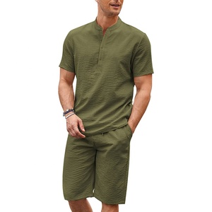 Conjunto de 2 Piezas de <span class=keywords><strong>Lino</strong></span> para <span class=keywords><strong>Hombre</strong></span>, Camisas Henley Casuales de Manga Corta, Pantalones Cortos de Yoga para Playa, Trajes de Verano - Product Image 4
