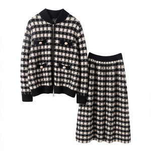 Maglieria di Design Jacquard vestito da ragazza vestito da donna Set di due pezzi <span class=keywords><strong>pied</strong></span> <span class=keywords><strong>de</strong></span> <span class=keywords><strong>poule</strong></span> top gonna a vita alta <span class=keywords><strong>Cardigan</strong></span> maglione 2 pezzi Set - Product Image 1