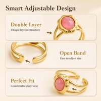 Bague ouverte réglable en acier inoxydable 316 plaqué or 14 carats avec double couche de pierres naturelles roses