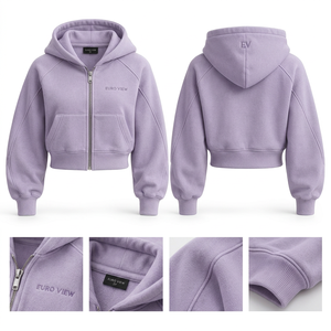 Sudadera con capucha Euro View Custom Lavender Crop, unisex, con mangas raglán, cierre de cremallera y forro polar. - Product Image 1