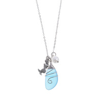 Kalung Liontin Pantai Batu Kaca Laut Berwarna Biru Laut dan Pink Desain Baru Ramah Lingkungan