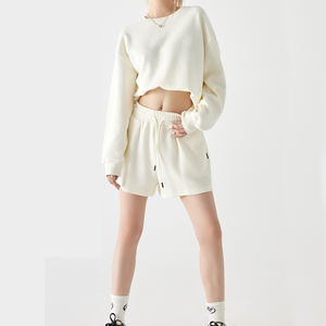 Felpa personalizzata Waffle girocollo manica lunga con Shorts tuta sportiva 2023 estate nuovo Set Casual da <span class=keywords><strong>donna</strong></span> due pezzi - Product Image 4