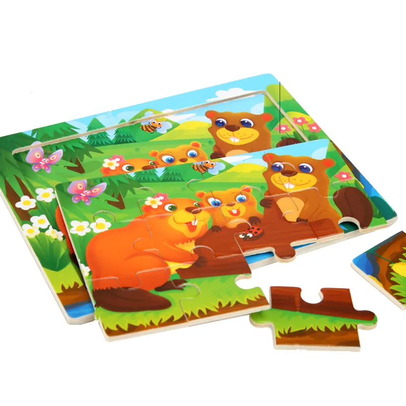 Puzle de madera con hoja de sierra para niños, rompecabezas de madera con dibujos animados personalizados para niños pequeños, 12 piezas