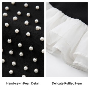 Abito <span class=keywords><strong>Elegante</strong></span> Personalizzato Stile Old Money Bianco e Nero con Contrasto, Mini Abito con Strass e Perle, Orlo a Balze, <span class=keywords><strong>Abbigliamento</strong></span> da Festa, Produttore - Product Image 2