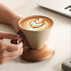 <span class=keywords><strong>Tasse</strong></span> à café cappuccino en grès 250ML personnalisée soucoupe en forme d'entonnoir réutilisable <span class=keywords><strong>expresso</strong></span> lait thé <span class=keywords><strong>tasse</strong></span> en céramique avec base en bois - Product Image 2