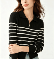 Cardigan zippé en tricot rayé pour femme, col polo côtelé, manches longues, coupe ajustée, pull extérieur