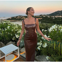 Robe sexy dos nu sans manches longue pour soirée, robe d'été pour femmes avec paillettes, couleur marron