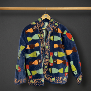 Veste en velours à col montant, manches longues, motif poisson brodé à la main, manteau d'automne pour femme, longueur standard, vestes Suzani B2B - Product Image 1