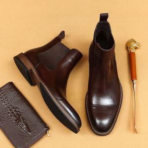 Botas Chelsea Oxford para Hombre, de Cuero Genuino, Punta Cuadrada, Cierre de Cordones, Cómodas, Antideslizantes, con Suela de Goma, Banda Elástica, Formales de Invierno - Product Image 1