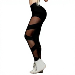 Leggings de yoga taille haute sans couture pleine longueur avec design ajouré en Spandex noir, écologiques, respirants et extensibles dans les quatre sens - Product Image 1