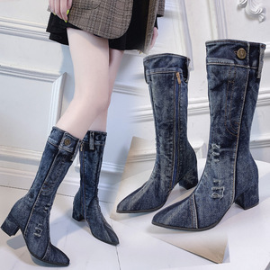 时尚中筒牛仔靴新款尖头厚跟侧拉链欧美女性时尚中跟鞋 - Product Image 1