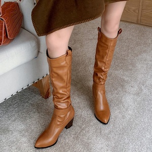 Big Size 46 Solid Knee High <b>Pointed</b> Toe Chunky High Heel Women Boots Ankle Buckle Slip-on Long Booties for Ladies - Product Image 4