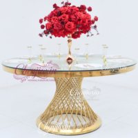 Mobilier d'Hôtel de Luxe Personnalisé Rond Or Centre de Table en Verre pour Salle de Mariage, Tables et Chaises de Fête en Acier Inoxydable pour Événements