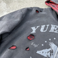 Nouveau sweat à capuche réversible sur mesure, style streetwear, en coton oversize, avec déchirures, effet usé, doublure à carreaux et lavage acide, zippé
