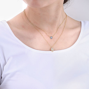Collares <span class=keywords><strong>de</strong></span> <span class=keywords><strong>Plata</strong></span> <span class=keywords><strong>de</strong></span> Ley 925 al por Mayor, Joyería Fina, Colgante <span class=keywords><strong>de</strong></span> <span class=keywords><strong>Hamsa</strong></span> y Ojo Turco en Capas con Cadena para Clavícula - Product Image 2