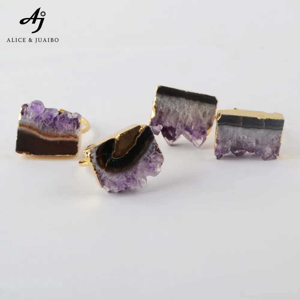 G1935 Natürlicher Amethyst Geode Scheiben ring Echt vergoldeter Amethyst Cluster Ringe Schmuck Frauen