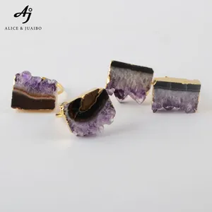 G1935 Natural Amethyst Geode Slice Ring Real Gold Plated Amethyst Cluster Rings Jewelry Women