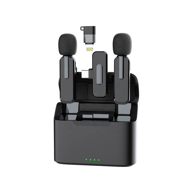 Portable 2in 1 Wireless Microphone Mini Charging Case 2.4GHz Lapel Collar Mic Studio Recording Microphone for Interview