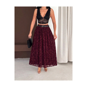 Women's Burgundy Modest Skirt <b>Elastic</b> Waistband Flocked Tulle 100 Cm Length - Product Image 4