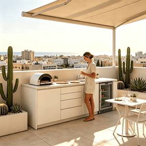 Meubles de cuisine extérieurs modulaires écologiques ignifuges en acier inoxydable laqué mat <span class=keywords><strong>beige</strong></span> avec évier, résistants aux UV, à la poussière et au sel, anti-traces de doigts - Product Image 2