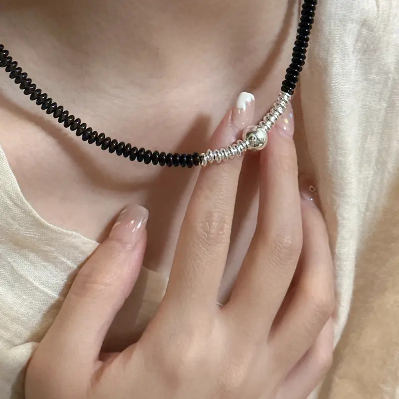 Perles en argent faites à la main Agate noire colliers ras du cou pour femmes colliers de perles en argent Sterling 925 bijoux