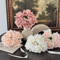 Großhandel Künstliche Rosen-Blumensträuße mit Echtgefühl Latex Erröten Gelb-Rot Bouquet 25cm 5 Blüten für Hochzeit Heim Tisch Vase Dekoration
