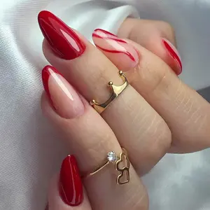 Groothandel Eenvoudige Manicure Verwijderbare Nagel Franse Rode Gegolfde Lijn Amandelnagels Stuk Pers Op Nagels