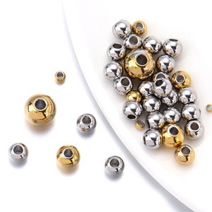 Perles rondes en acier inoxydable avec trou droit pour la fabrication de colliers, composants de bijoux couleur or et argent - Product Image 1