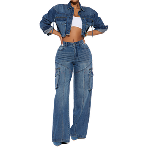 แจ็คเก็ตเดนิมผ้าฝ้ายคุณภาพสูงทรงครอป + ชุดแจ็คเก็ตยีนส์สไตล์คาร์โก้สำหรับวัยรุ่นและผู้หญิง ระบายอากาศได้ดี สตรีทแวร์เดนิมสองชิ้น - Product Image 1