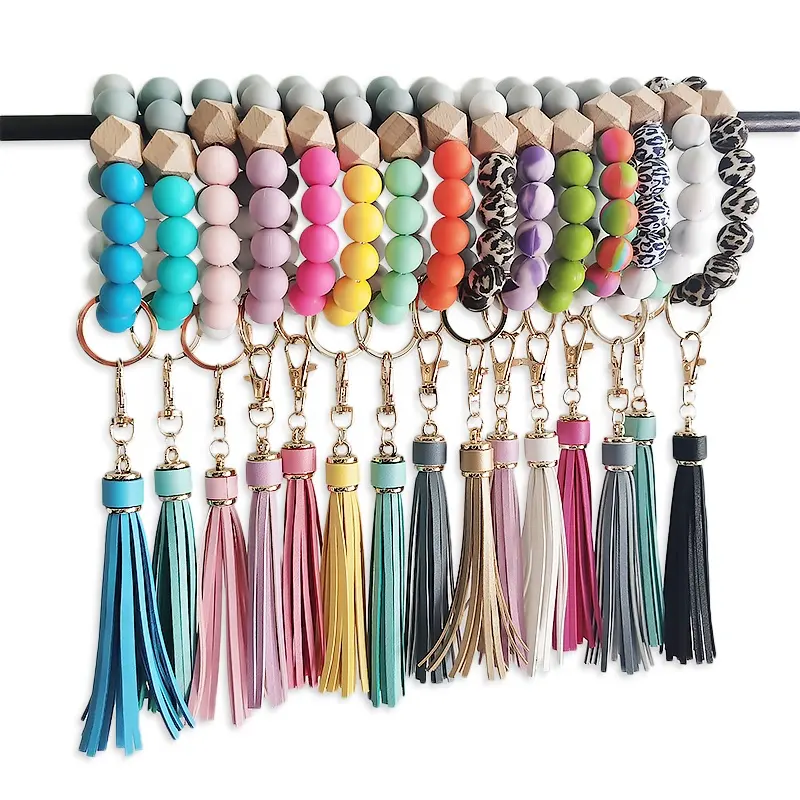 Silicone Bead Bracelet Keychain Amazon Gift Portable House Car Keys Ring Holder Elastic Beaded Silicone Bracelet Bangle Wristlet Keychains Tassel