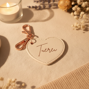 حلقة مفاتيح جلدية جديدة على شكل قلب مع شعار محفور بالليزر، مخصصة وشخصية، مصنوعة من الجلد الصناعي - Product Image 4