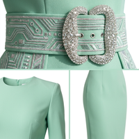 Robe longue de travail et de bureau pour femme, personnalisée, en non-tissé, vert menthe, col rond, manches longues, unie, avec ceinture, coupe ajustée, taille empire, ODM