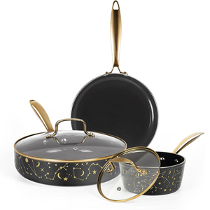 Châu Âu hiện đại nhà bếp <span class=keywords><strong>Cookware</strong></span> <span class=keywords><strong>Set</strong></span> với nắp vàng thép không gỉ xử lý phong cách Sauce Pan và Frying Pan <span class=keywords><strong>Cookware</strong></span> <span class=keywords><strong>Set</strong></span> - Product Image 1