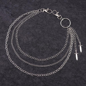 Chaîne de pantalon multicouche en métal avec pendentif épée, chaîne de taille en argent tibétain pour homme, accessoire de style hip-hop décontracté - Product Image 2