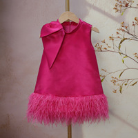 New Girls Princess Dress Rosa Satin Mieder mit großem Schleifen-und Feder rock Ärmelloses A-Linien-Blumen mädchen kleid für die Geburtstags feier