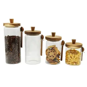 Боросиликатная кухонная стеклянная бутылка для приправ контейнер для хранения пищевых специй с деревянной крышкой из акации и деревянной ложкой
