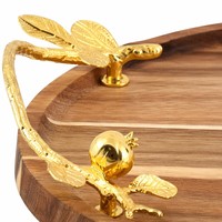 Plateau de service moderne de luxe en bois avec poignées en métal doré en forme de branche d'oiseau, plateau décoratif abstrait en bois massif pour table basse