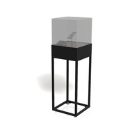 Vitrine en verre sur piédestal noir, forme cube, base en métal, pour musée, galerie, stand d'exposition