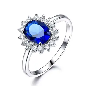 Cincin Perak Murni Safir Oval Biru Menakjubkan untuk Hadiah Pertunangan Wanita