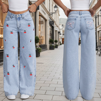 Jean ample pour femme RUICHI, nouveau modèle d'été, motif cerise, jambes larges, longueur au sol