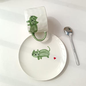 Tasses à café et assiettes en céramique peintes à la main avec motif de chat coloré, tasses à lait de dessin animé pour le petit-déjeuner - Product Image 4