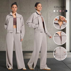 Ensemble de survêtement pour femme à manches longues, fermeture éclair, couleur unie, coupe décontractée ample avec poches latérales, col montant et ourlet fendu - Product Image 1