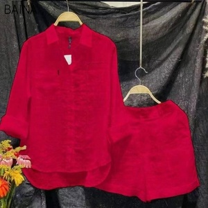 Camicia da <span class=keywords><strong>donna</strong></span> estiva <span class=keywords><strong>in</strong></span> cotone tinta unita a maniche lunghe con <span class=keywords><strong>pantaloncini</strong></span> corti due pezzi - Product Image 6