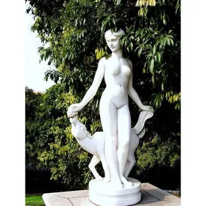Bahçe dekorasyon shengye marka için bir köpek ile doğal taşlı oyma çıplak kadın heykeli