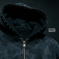 Conjunto de 2 piezas: Sudadera con capucha de algodón 100% de alto gramaje, estilo vintage con lavado ácido y cremallera completa, y pantalones de chándal con gráfico de estrellas y pedrería.