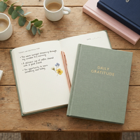 Journal de gratitude personnalisé OEM A5 en lin avec couverture rigide, journal quotidien de soins personnels avec dorure à chaud, journaux non datés pour femmes, vente en gros